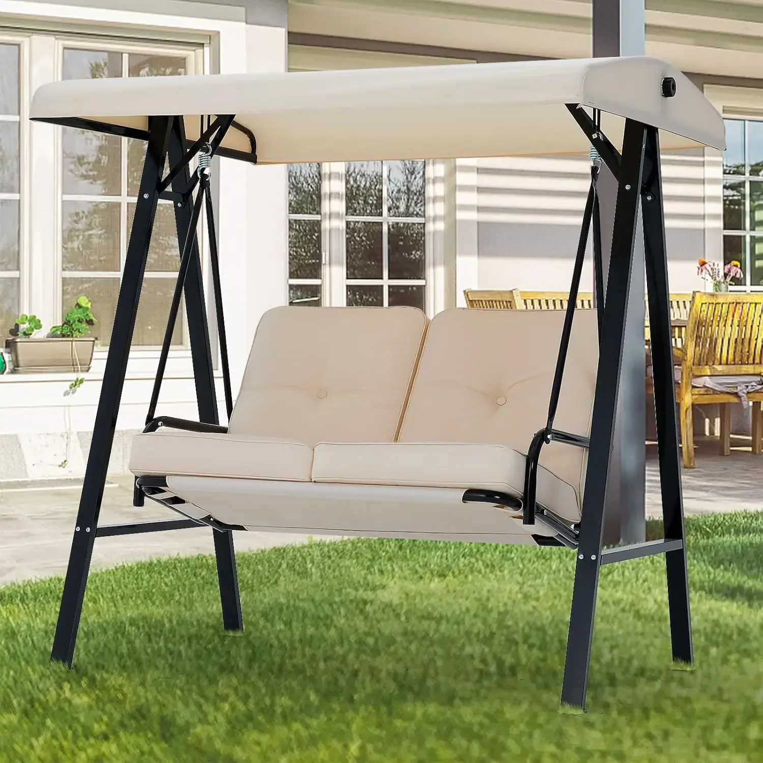 

Outdoor Patio Swing Chair for Adults, 2-Seat Porch Swings with Adjustable Canopy, Outside Swing Bench with Removable Cushion