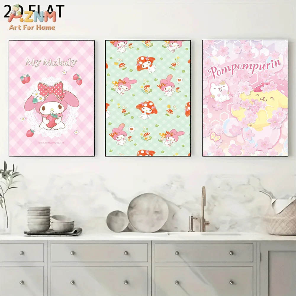 AZNM My Melody Pompompurin Frameless Canvas Wall Art, Strawberry Cherry Blossom Cartoon Poster, Kawaii 2D Flat Print for Home Be