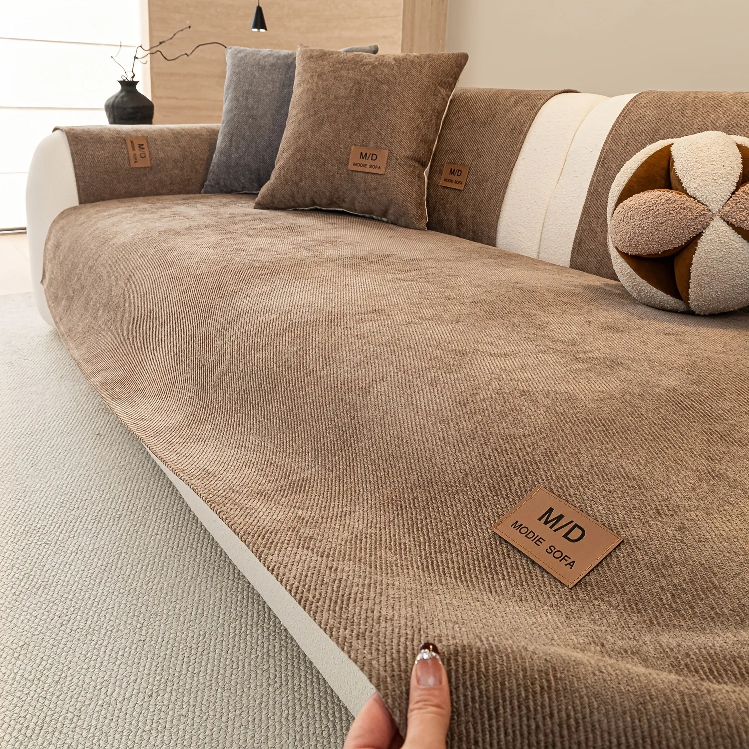 Garngefärbter Twill-Chenille-Sofabezug mit PU-Etikett, Universeller Rutschfester Haustierfreundlicher Couch-Sitzbezug Sofatuch für Alle Jahreszeiten – Detail 6
