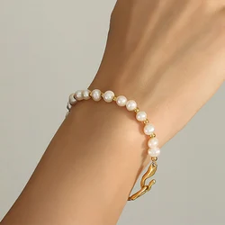 Foxanry Non-fading Gold Color Pearl Bracelets for Women Vintage Punk Trendy Elegant Geometric Handmade Wedding Bride Jewelry