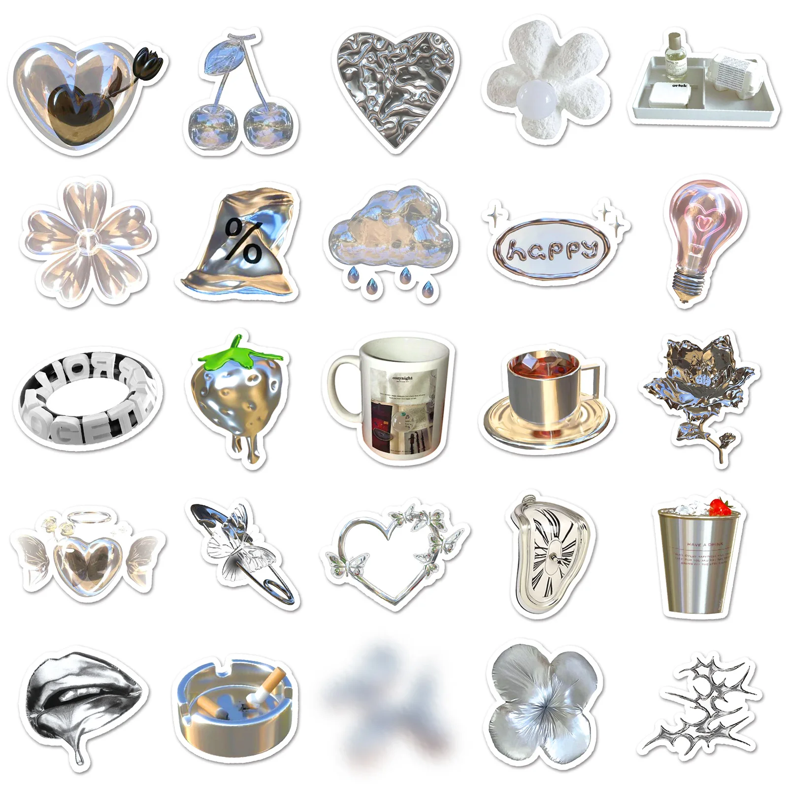 50pcs Nordic Style Silver Ins Style High-End Children's Creative DIY Mobile Phone Case Water Cup Waterproof Ledger Sticker