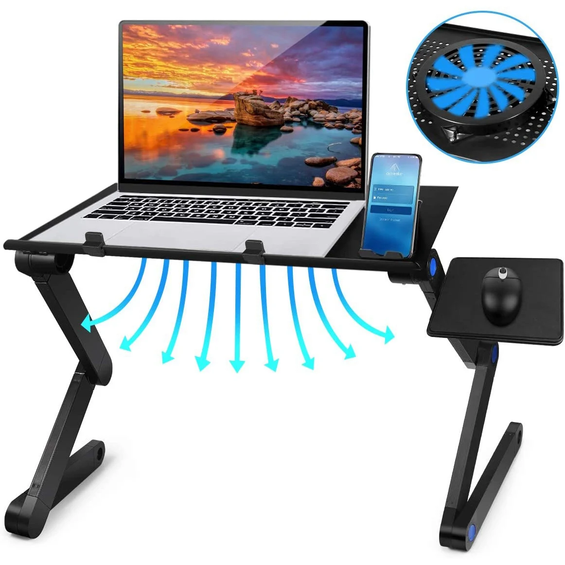 Adjustable Laptop Bed Table Computer Stand, Laptop Notebook Stand Reading Holder with Large Cooling Fan & Mouse