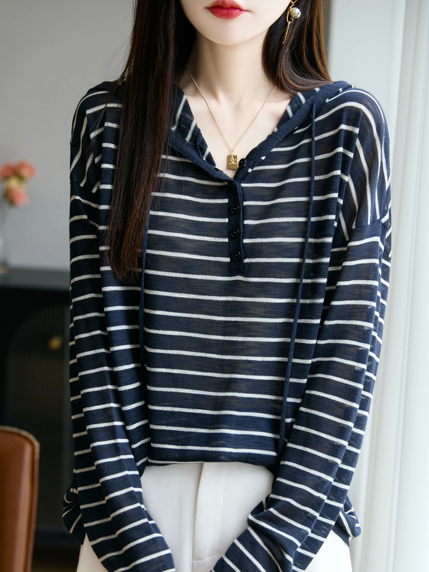 Lässiger, locker sitzender Strickmütze-Pullover für Damen, dünner Streifen, koreanischer Stil, faionable, bequemes, schlankmachendes Pendel-Top