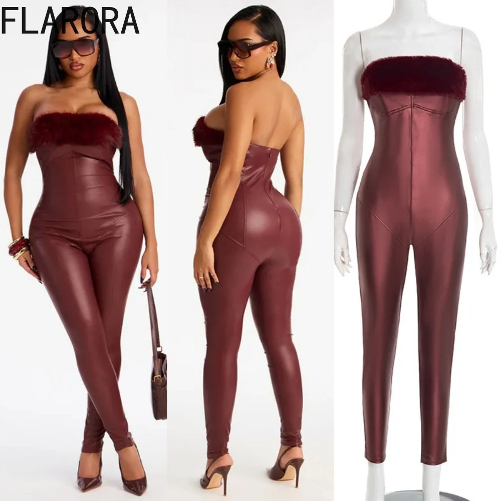 

FLARORA Sexy Fur Patchwork Bodycon Jumpsuits Women Strapless Sleeveless Backless Zip Jumpsuit Stretch Clubwear Skinny Overalls