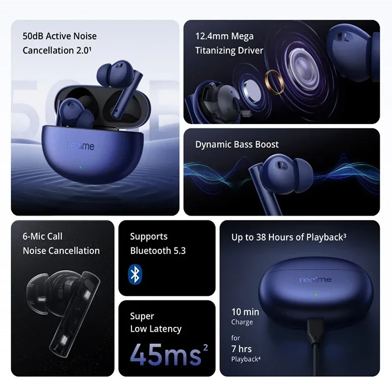 Original Realme Buds Air 5 Earphones Wireless Bluetooth 5.3 Headphones TWS Active Noise Reduction Earbuds Hifi Headset Gamer Pro