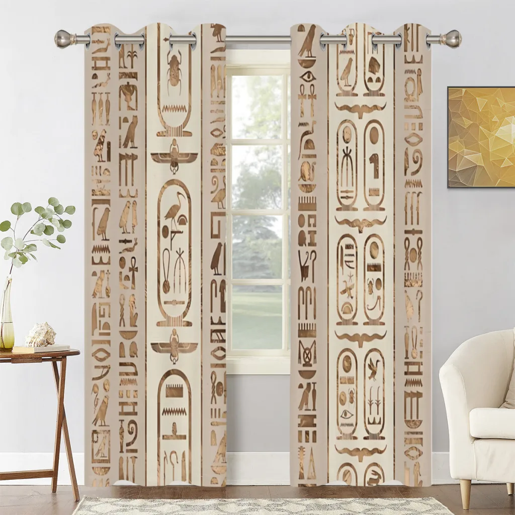 Egyptian hieroglyphs Pastel Gold Shading Curtains for Living Room Decoration Window Curtain 2 PC