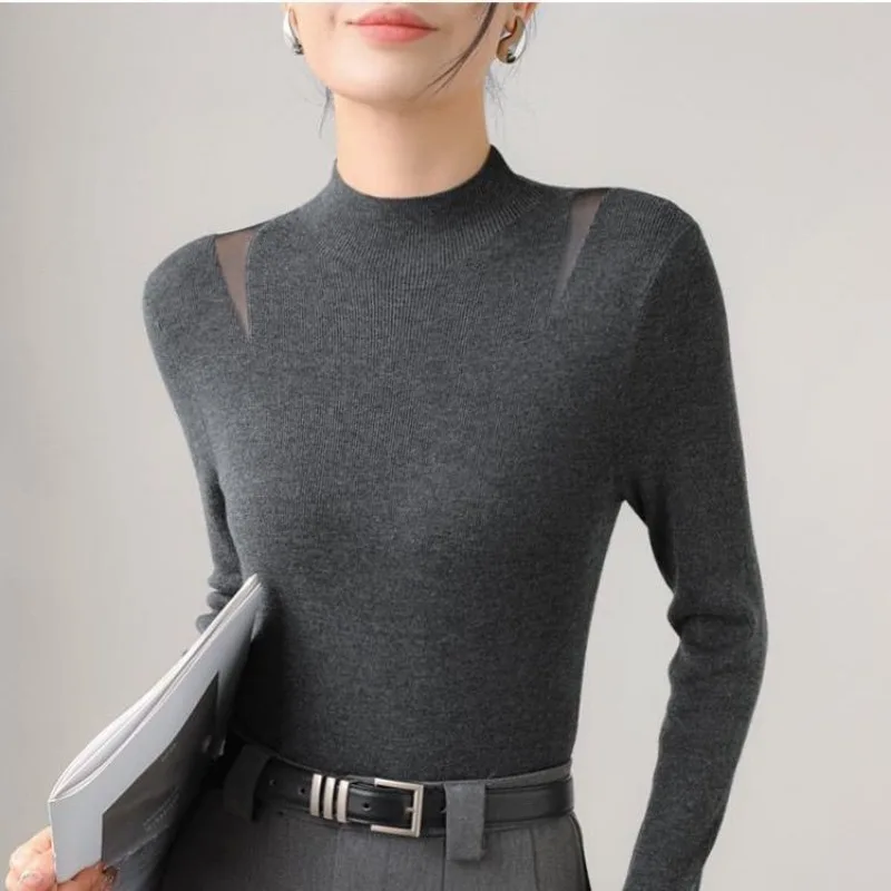 نصف الياقة المدورة الصوف محبوك المرأة الخريف والشتاء 2025 جديد الراقية كسول نمط الداخلية قاع #3