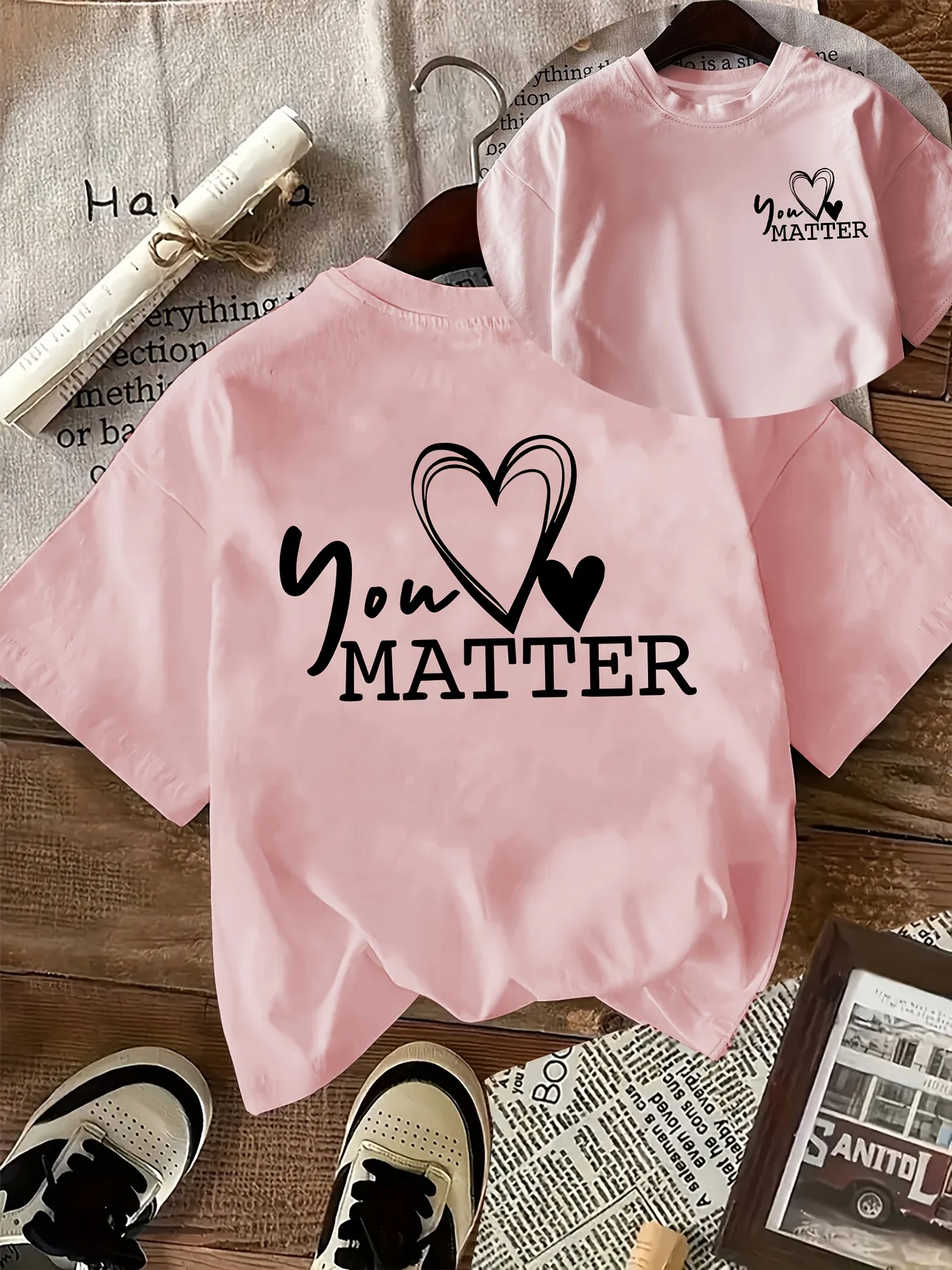 [Front and Back Double-Sided Print] Women'S Casual English Letter Love Heart Line Design Print Casual Round Neck Short Sleeve