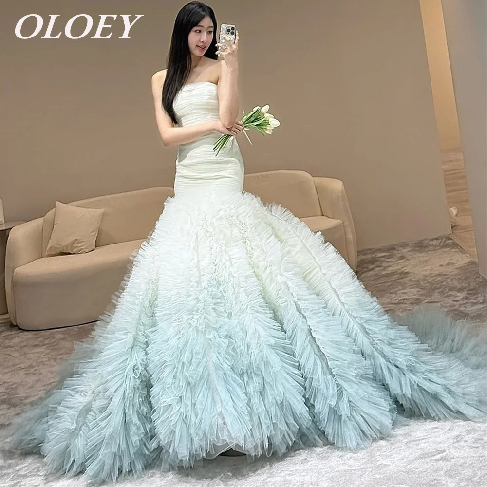 

OLOEY Luxury Gradient Green Mermaid Wedding Dress Pleat Ruffles Tulle Strapless Bridal Gown Korea Photos Shoot Customized