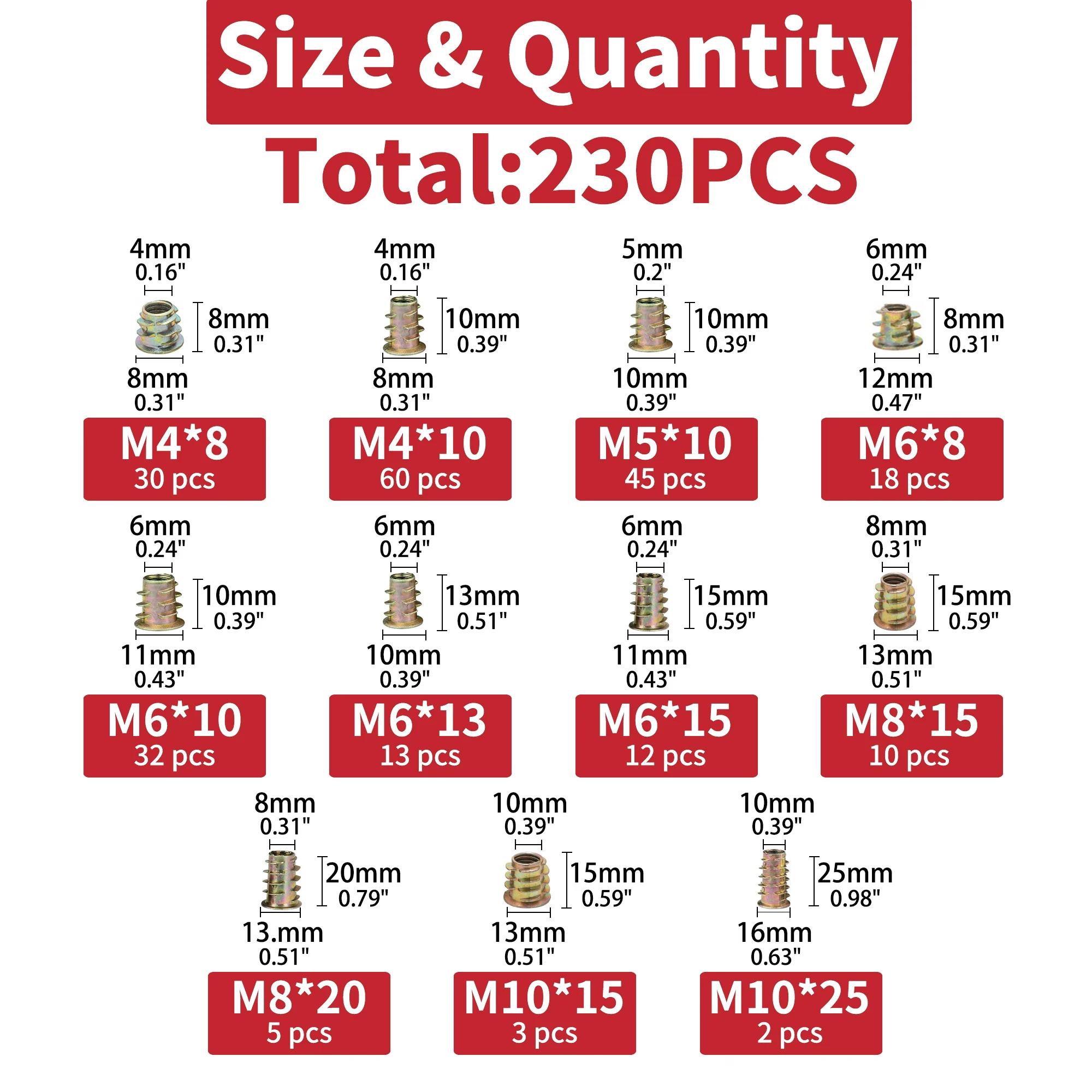 130/230 pezzi dadi inserti filettati, kit di strumenti assortimento dadi inserti in legno filettato, 11 dimensioni metriche M4/M5/M6/M8/M10 presa