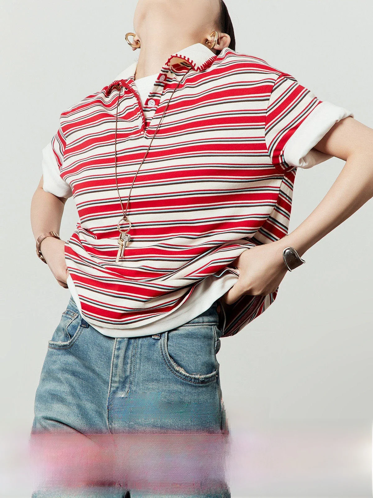 

Red Ne Striped Loose Fit ort Sve T-irt Women's Summer New Sle Slimming Design Casual Comfortable Breathable