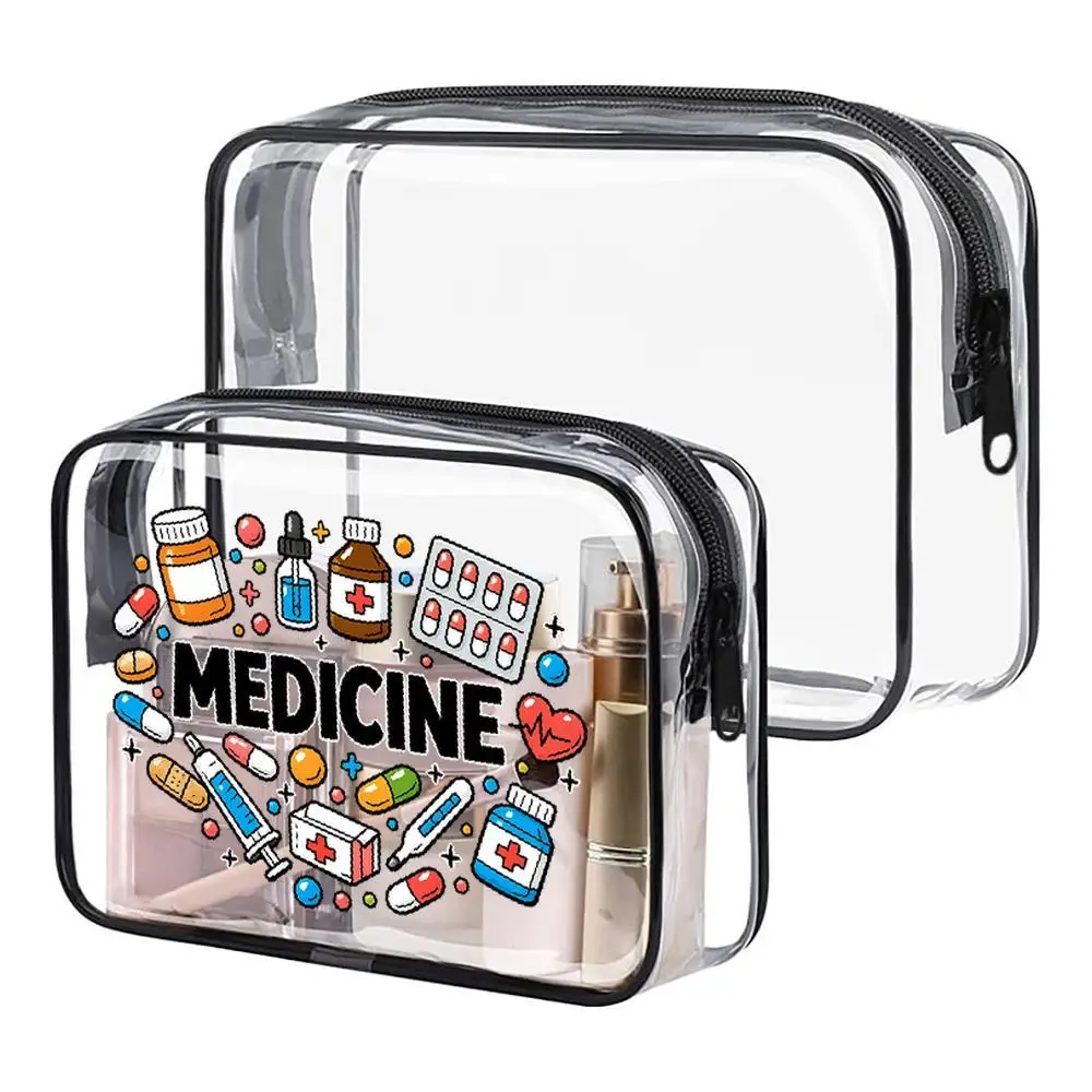

Cosmetic Bag Cartoon Medical Icons Pills Clear PVC Zippered Organizer Bag Playful Colorful Design With Bold "MEDICINE" Text Por