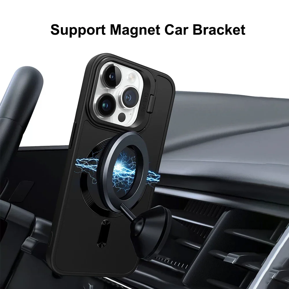 for iPhone 16 15 14 13 12 11 Pro Max Plus Case Magnet Magsafe Camera Holder Stand Soft Matte Wireless Charge Cover Shell Fundas