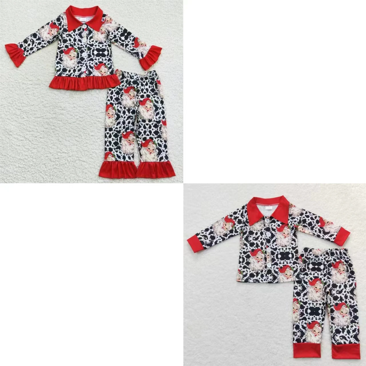 

Wholesale Boy Girl Christmas Santa Sleepwear Cow Print Pants Kids Outfit Infant Pajamas Children Long Sleeves Button Down Sets