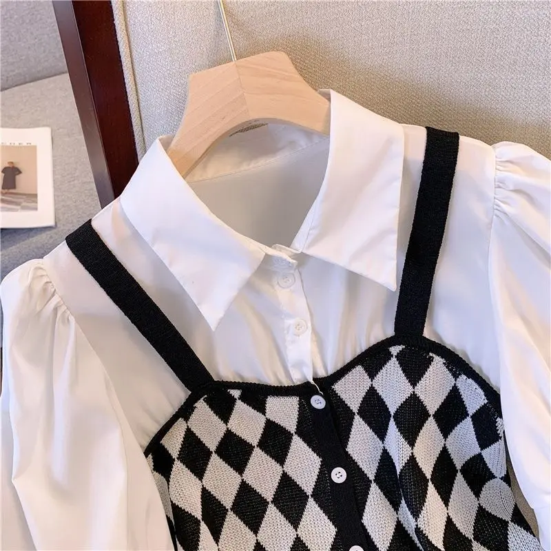 EBAIHUI Summer Fake Two-piece Women Short Sleeved Shirt Summer Short Puff Sleeve Ladies Blouse Korean Casual Lapel Neck Top 2024