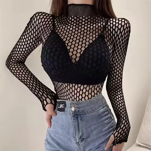 Womens Sexy Mesh Long Sleeve Fishnets Tops Fun Fashion Slim Fit Tops  Hollow Out See Through Loose Female T-shirts Crop soft Top - Image 4