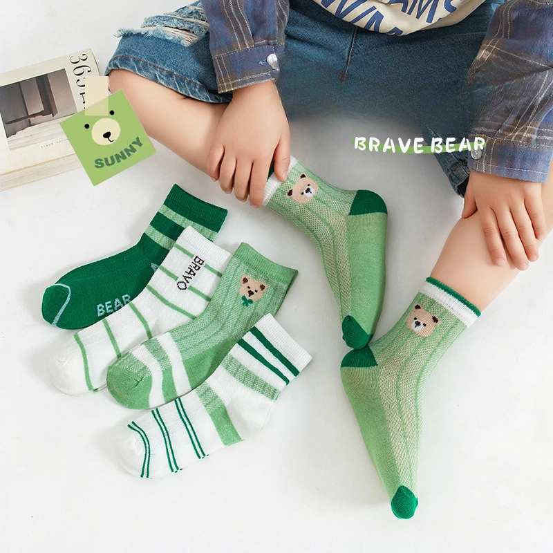 Five Pairs of Spring and Summer Children's Cartoon Bear Fashion Striped Boy's Mesh Breathable Sports Socks