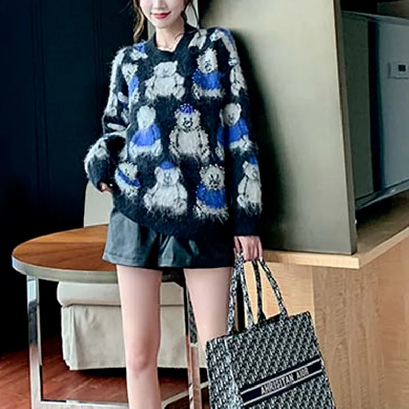 

Women Bear Diamond Knitted Sweater Loose Outer Wear Pullover Sweater Autumn and Winter Mohair Sweater Women's 2023 New Style