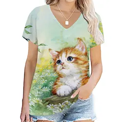 Summer Pet Cat 3D Print Animal T-shirts Women Fashion Streetwear V-Neck T Shirt Y2k Tops Tees Oversized Harajuku Woman Clothing