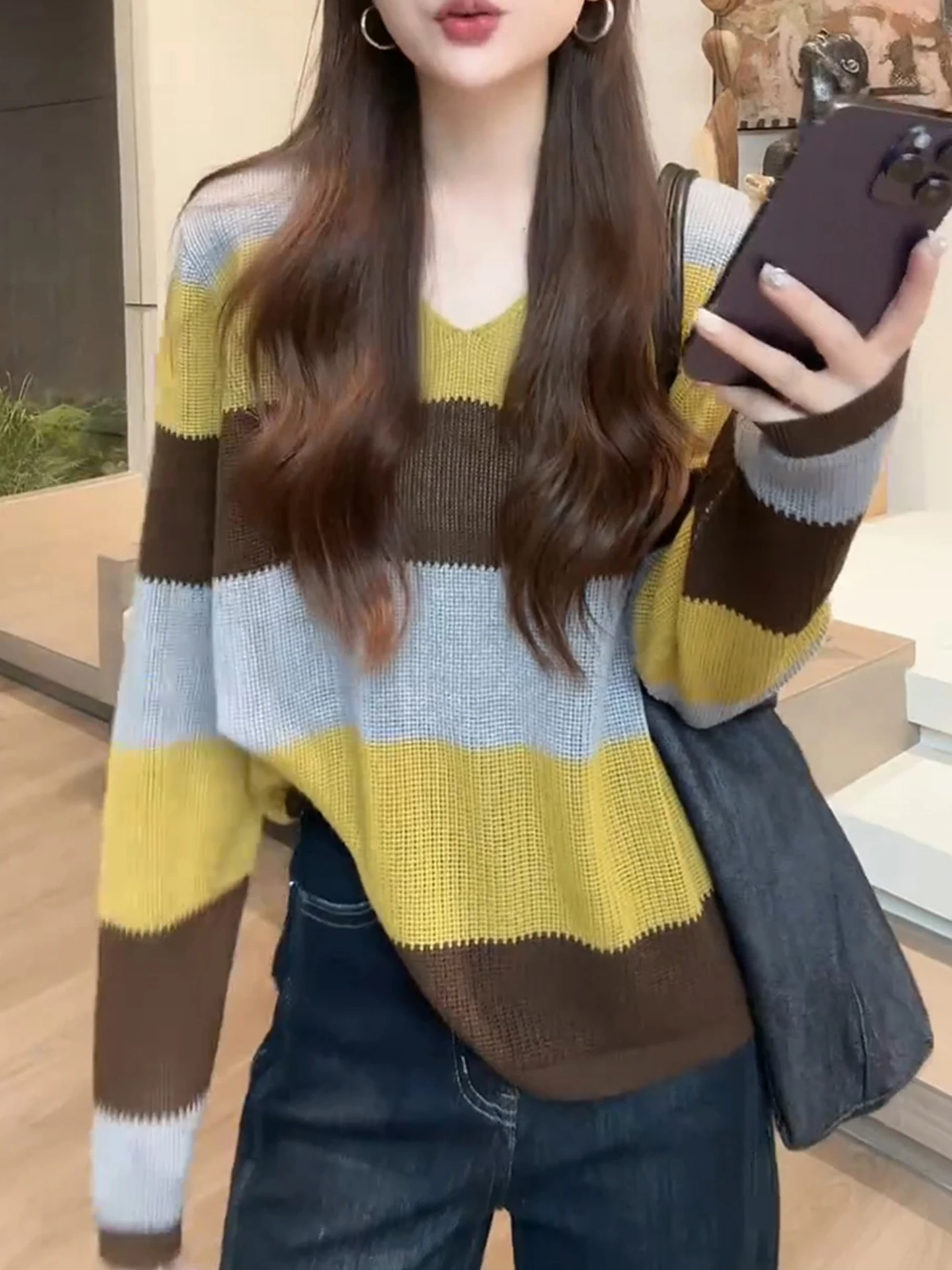 بلوفر صيفي فضفاض بأكمام طويلة بنمط كوري مريح ومخطط، مناسب للارتداء اليومي، أنيق وواسع