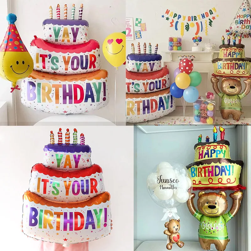 Large Cake Balloons Happy Birthday Cartoon Bear Foil Helium Balloons for Kids Baby Shower Decoration Props Supplies Toys Globos