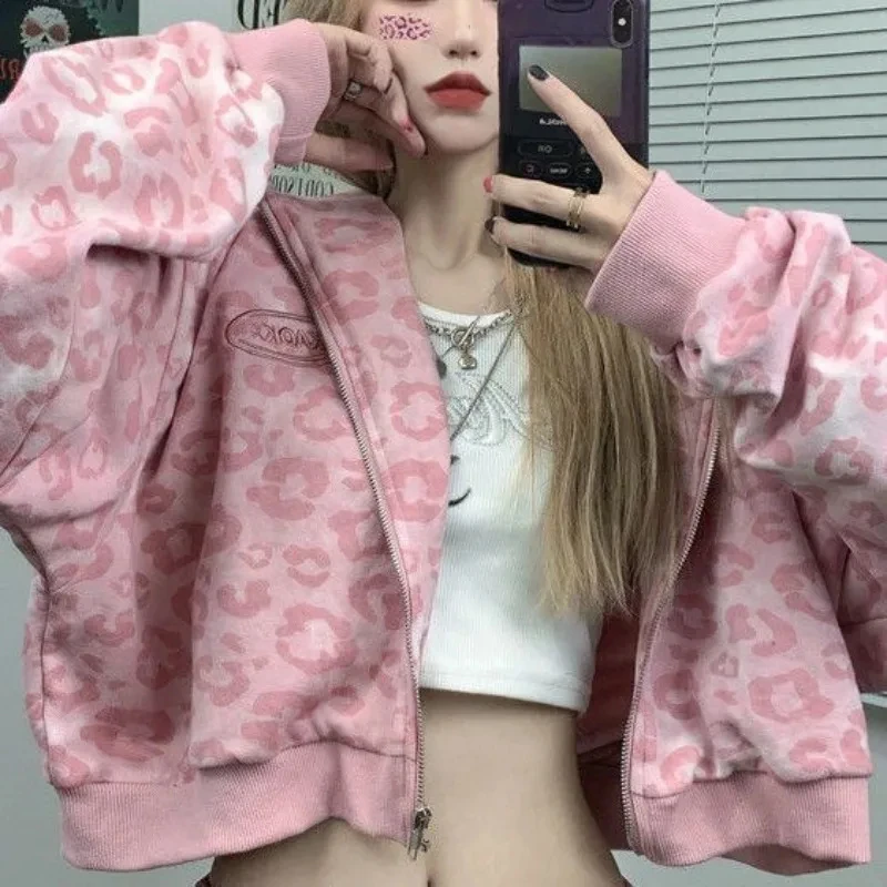 GC 2026 New Pink Leopard Print Jacket Women Spring/Autumn Loose Hong Kong Style Vintage Hooded Woman