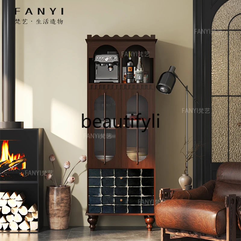 

French solid wood wine cabinet integrated wall dining side cabinet living room storage vertical cabinet storage