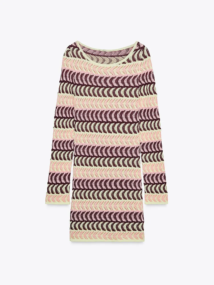 カジュアルなニットのロングスリーブ、ラウンドネック、夏2025、レディースファッション、プリント柄、テクスチャード加工、Aライン、ミディ丈、ドレープ、レギュラーウエスト...