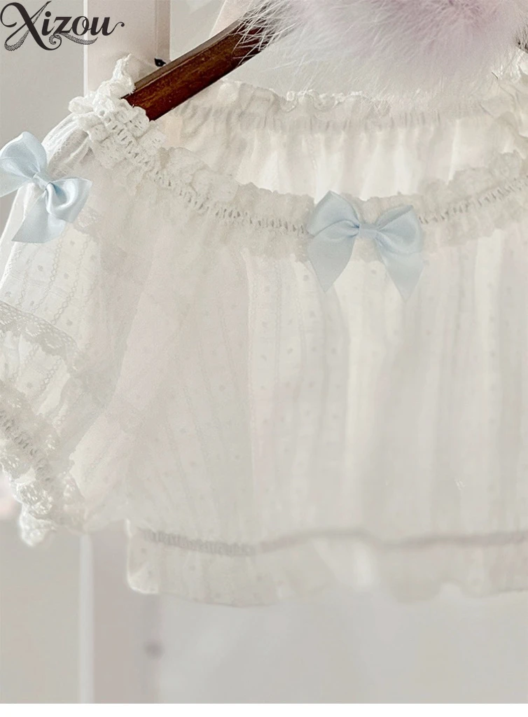 2025 été femmes hauts pour filles japonais français Lolita doux un mot épaule bulle manches haut nœud fête d'anniversaire nœud intérieur