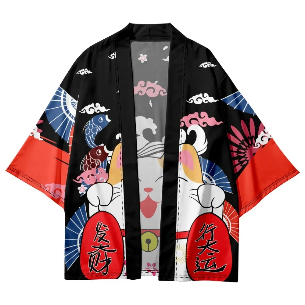 Japanese Sakura Cat Samurai Printed Kimono for Men Women, Haori Cardigan, Traditional Costume, Loose Short Sleeve Cloak, S-3XL