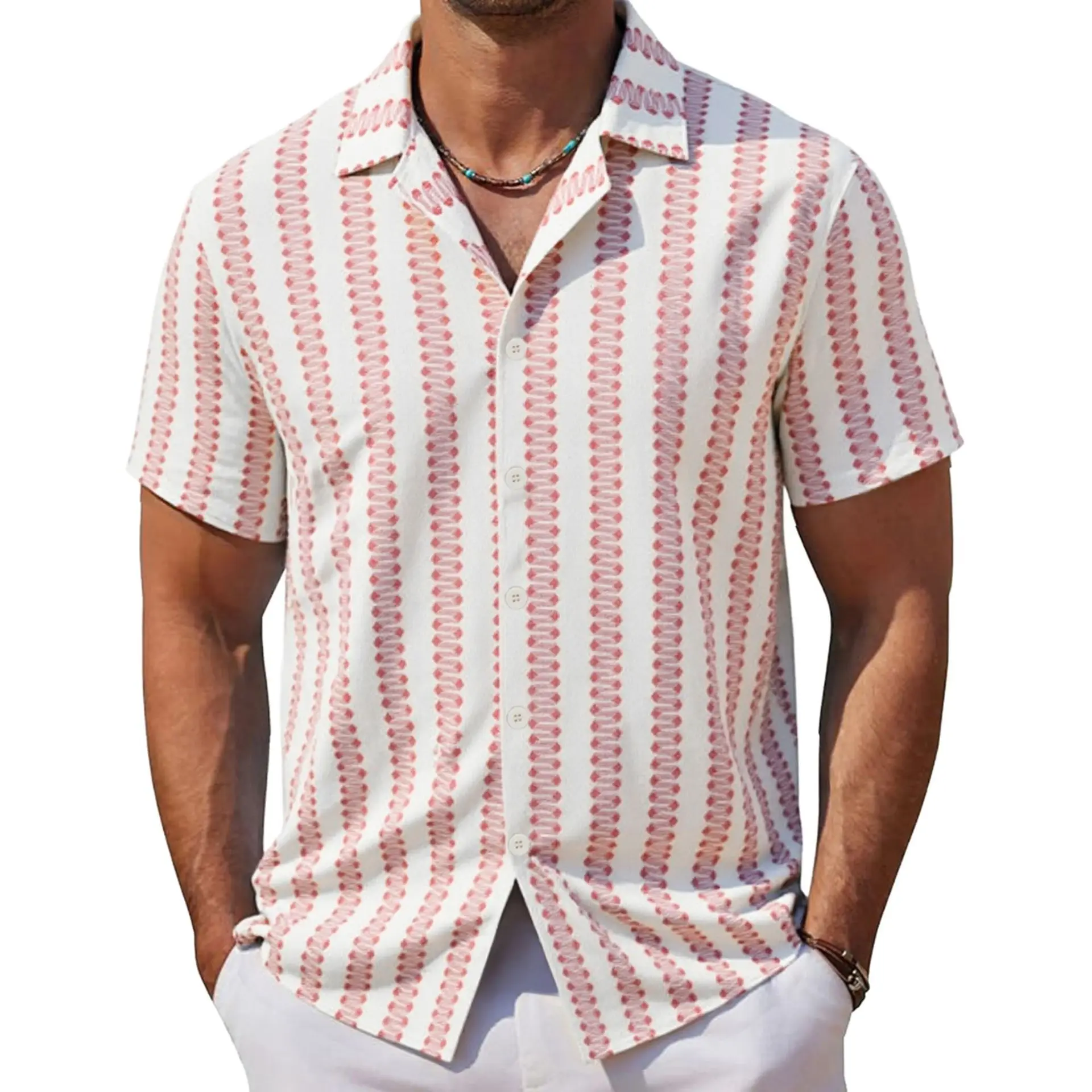 

2026 Summer European American Men's Pink White Striped Casual Trendy Loose Daily Shorts Sleeve Cuban Collar Shirts Male Tops