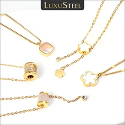 LUXUSTEEL Exquisite Luxury Flower Clover Round Bead Crystal Pendant Necklace Women Ladies Golden Stainless Steel Neck jewelry