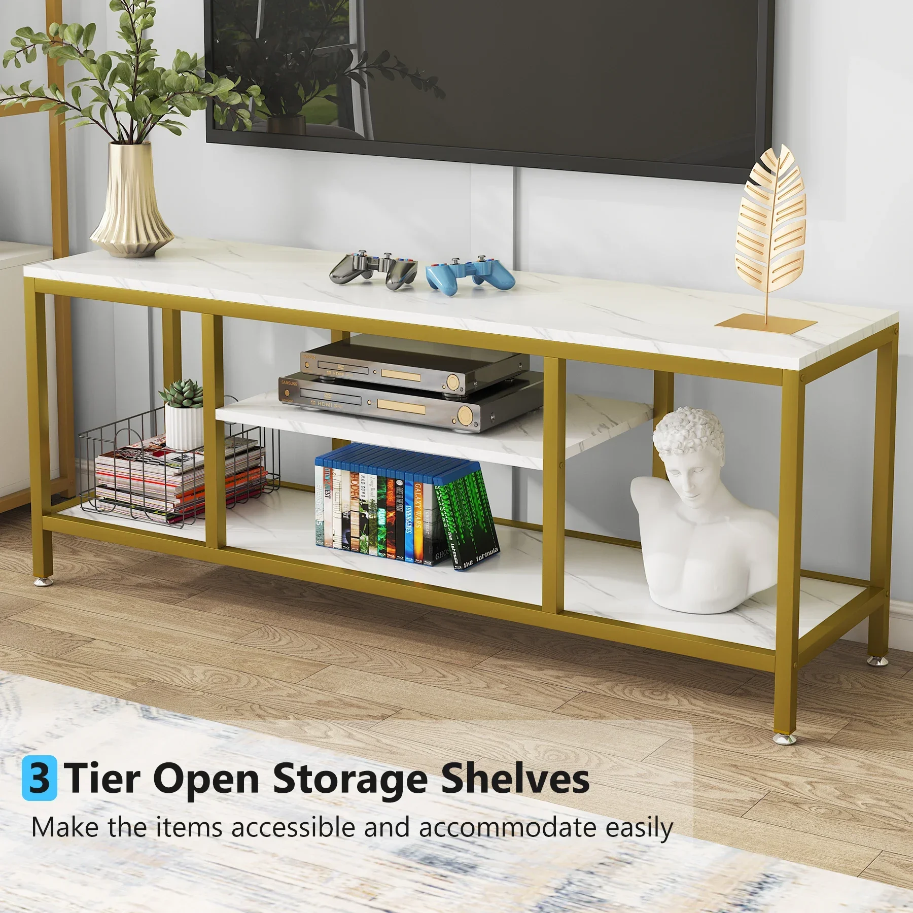 Tribesigns TV Stand, 59 Inches Gold 3-Tier TV Console for TVs Up to 65" with Faux Marble Veneer, Sofa Console Entryway Table