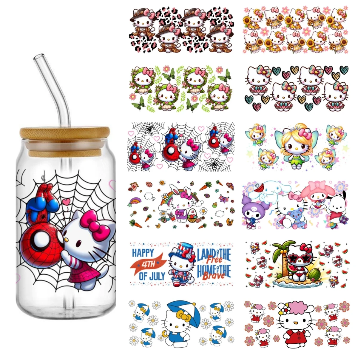 Desain Sanrio Baru Hello Kitty Lucu Populer 3D untuk 16Oz UV DTF Libbey Cup Mug Stiker Transfer Mobil Stiker Bungkus Logo DIY Kustom