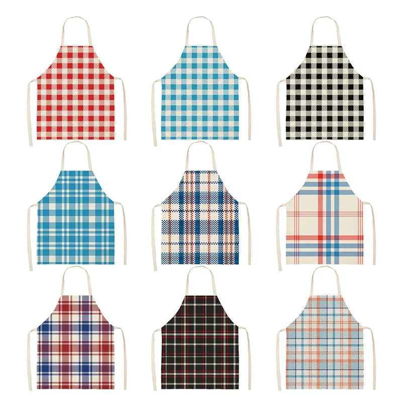 Color Grid Pattern Apron Kitchen Cooking Accessories Kitchen Oil-proof Adult Linen Sleeveless Apron Kitchen Cleaning Delantal