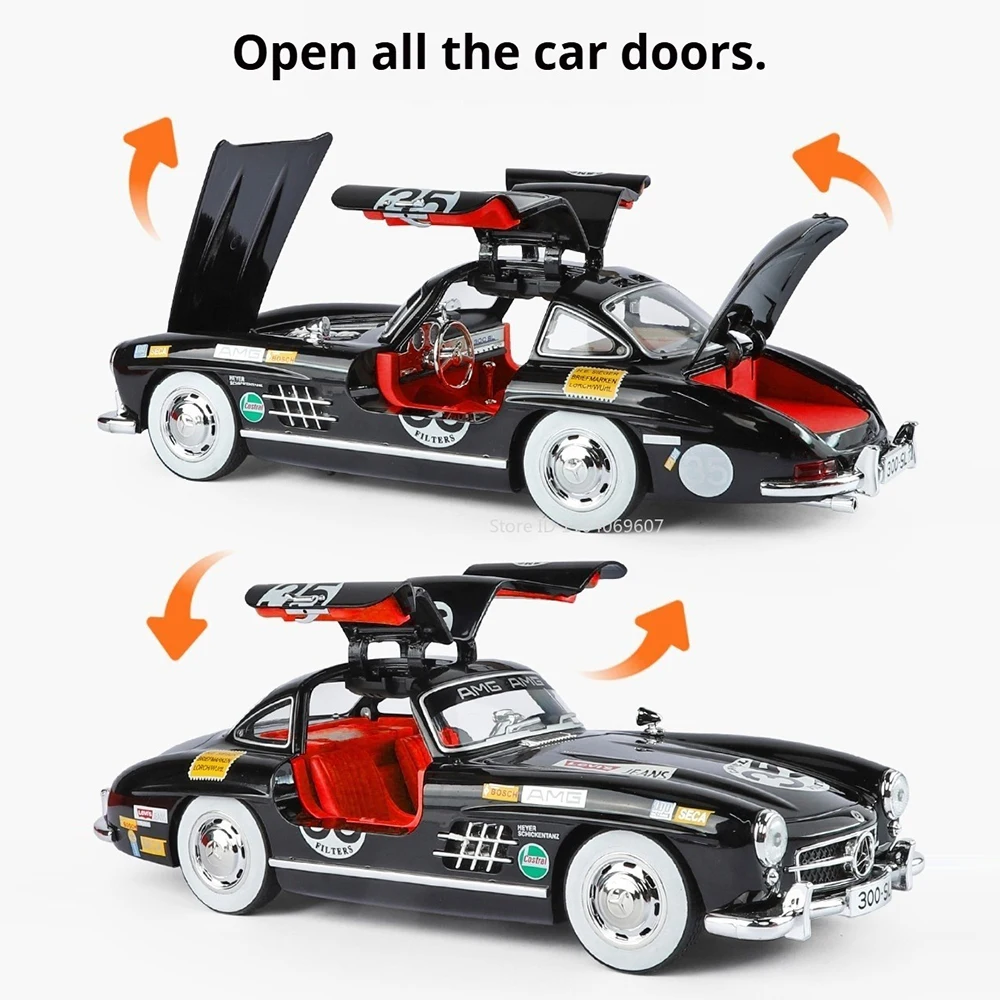 Maßstab 1:18, 300SL-Autos, Spielzeugmodell, Legierungsdruckgussräder, gedrehtes Miniatur-Vintage-Auto mit leichtem Musik, Fahrzeug für Kinder, Weihnachtsspielzeug