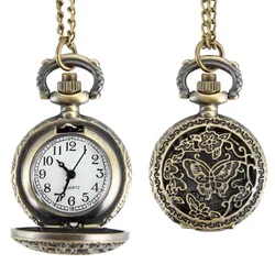 Fashion Women Quartz Pocket Watch Alloy Hollow Out  Butterflies Vintage Sweater Chain Necklace Pendant Clock Gifts