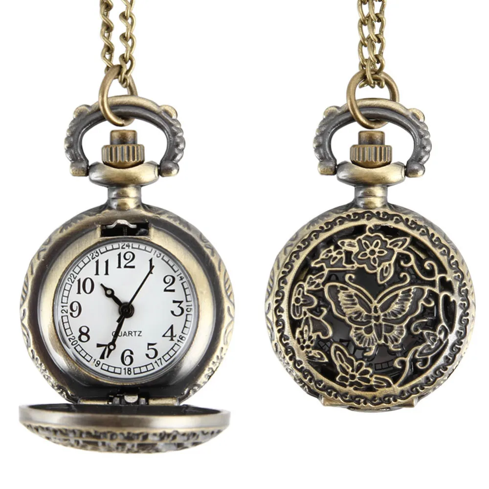 Fashion Women Quartz Pocket Watch Alloy Hollow Out  Butterflies Vintage Sweater Chain Necklace Pendant Clock Gifts