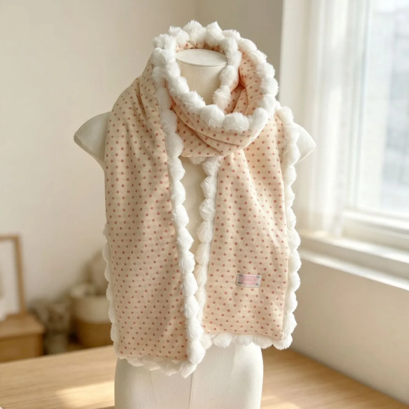Japanese Sweet Cute Polka Dot Ins Cotton Scarf Winter Warm Pom Pom Student Neck Warmer Outdoor Cold Proof Women Scarf
