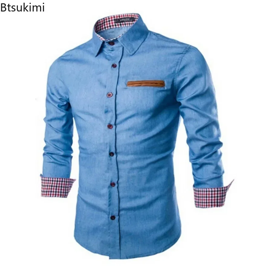 Fashion Patchwork Long Sleeve Denim Shirts for Men Spring Casual Basic Social Shirts Pockets Slim Men High Quality Cotton Blouse