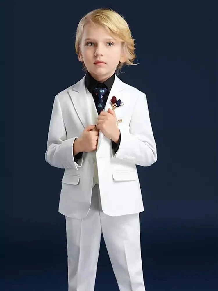 Boys Jacket Vest Pants 3PCS Ceremony Photograph Suit Kids Piano Performance Costume Children Luxurious White Baptism Party Dress