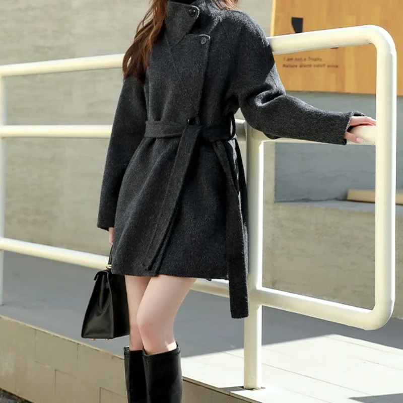 スタンドカラーカシミヤコート レディース 2025年秋冬新作 ファッション ゆったりウールコート 小柄な女性向け