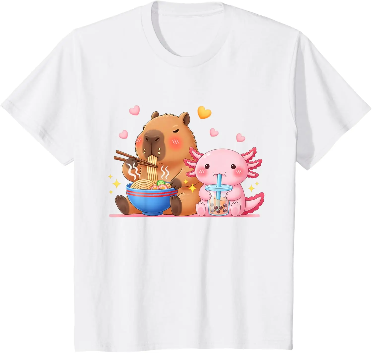 Cute Capybara Ramen and Axolotl Boba Kawaii Boys Girls Kids T-Shirt Casual Cotton Short Sleeve Tee Small Graphic T Shirts