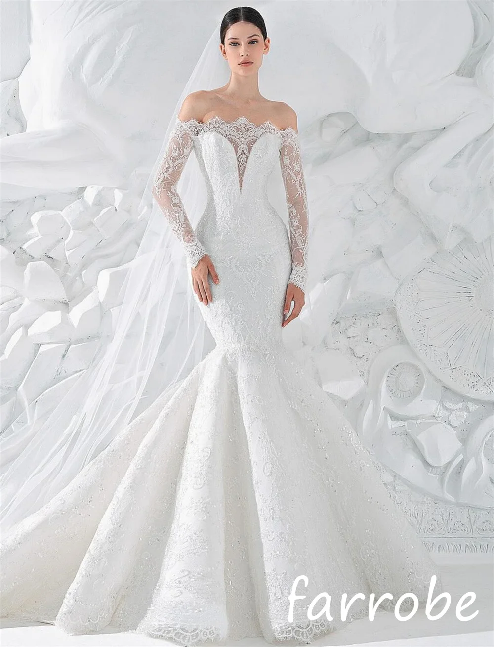 Sukienki na zamówienie, wysokiej jakości, z koronkowym wzorem, plisowane, trąbka, z odkrytymi ramionami, długie, eleganckie, na specjalne okazje.