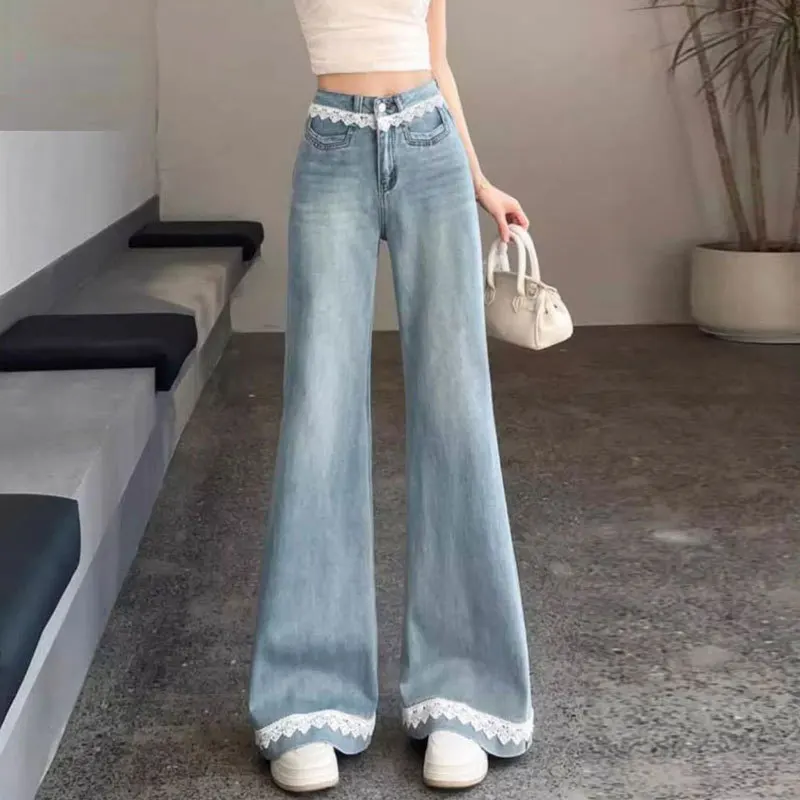 

Fashion Bell Bottom Jeans Women Straight Leg Pants Summer Design Lace Trim Wide Leg Pants Casual Trousers