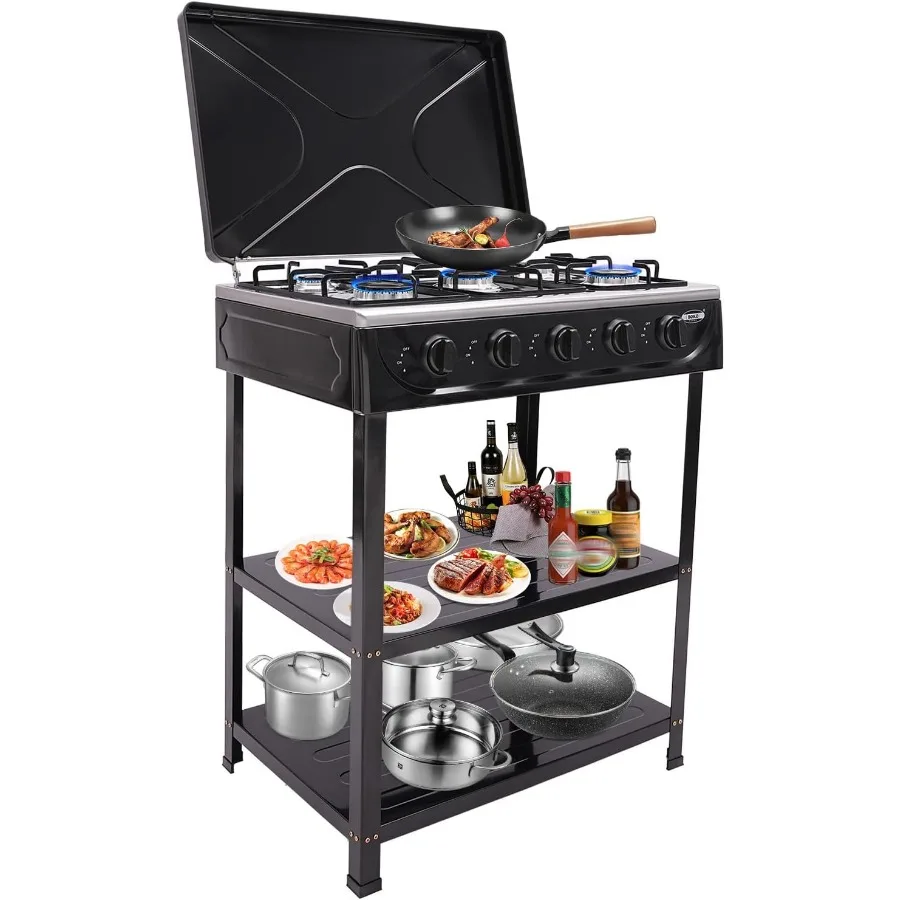 

5 Burner Gas Stove Portable Natural Gas Camping Grill Stove with Double Storage Stand and Wind Blocking Cover for Outdoor Cooki