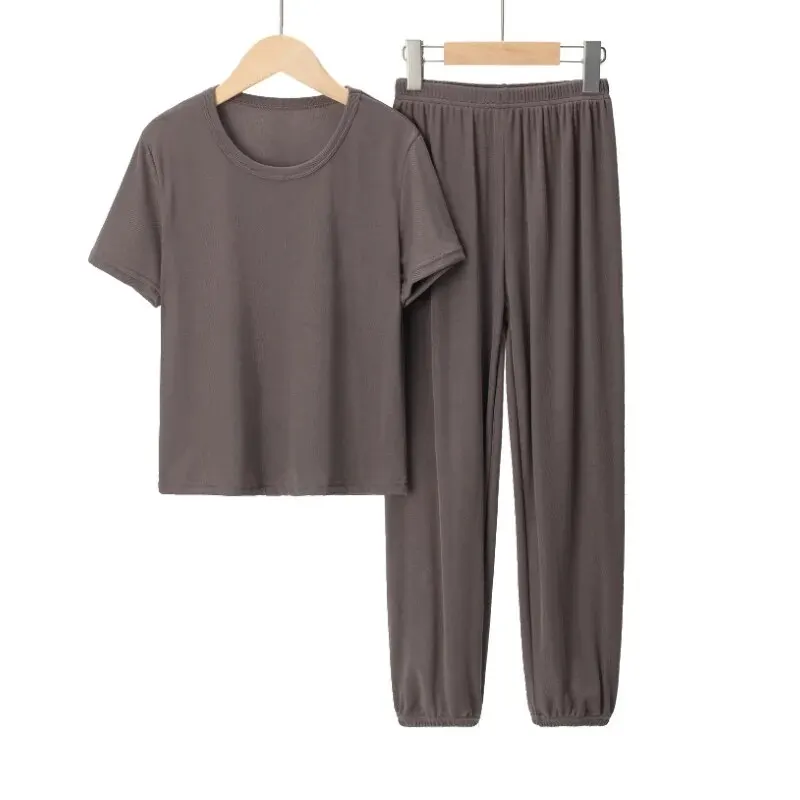 Boys and Girls Short-sleeved Trousers Suit Solid Color Comfortable Breathable Suit Big Boy Ice Silk 2-piece Set.