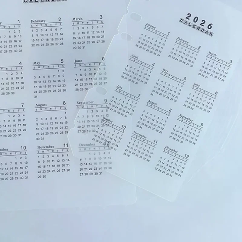 

2026 A5/A6 вкладыш, 6 отверстий, календарь-разделитель страниц, прочный прозрачный матовый материал из полипропилена для планировщика, управления временем
