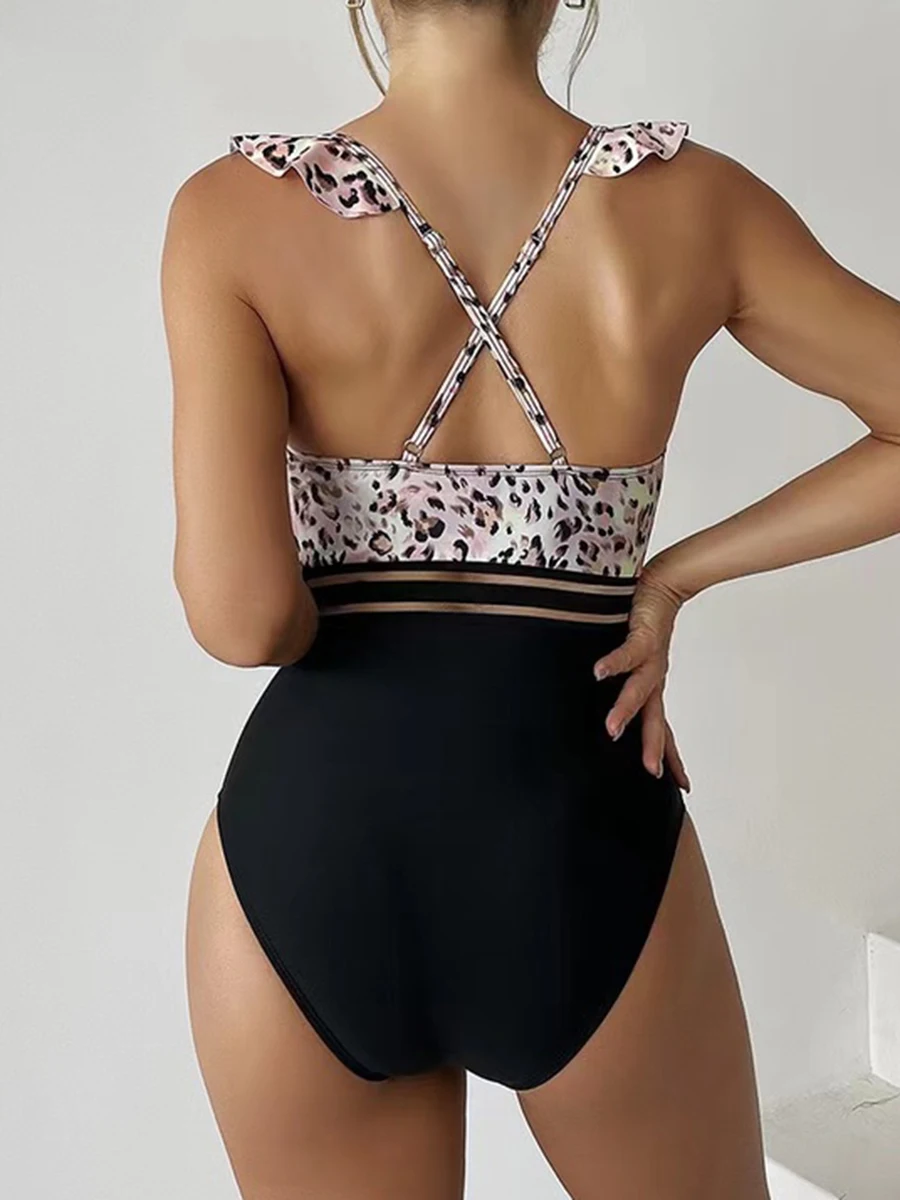 Leopard Ruffle  One Piece Swimsuit Women 2024 High Waist Mesh Tape Swimwear Female Beachwear V-neck Bathing Swimming Suit Summer