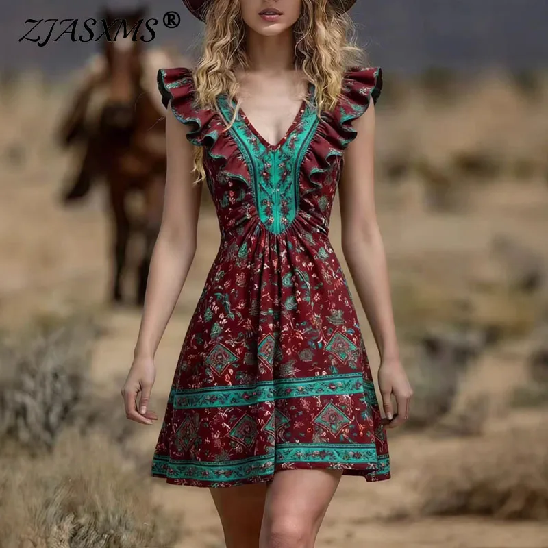 

Summer Bohemian Dresses Woman Sexy V Neck High Waist A-Line Mini Dress Spring Floral Print Sleeveless Ruffle Vintage Party Dress
